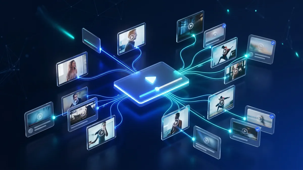 Visual diagram of multi-frame reverse video search matching keyframes across global web video platforms
