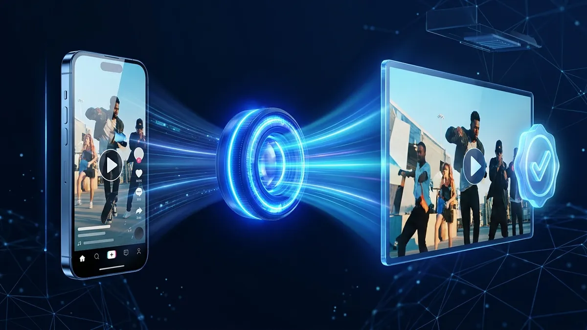 Illustration of a vertical smartphone TikTok and Reels video clip being traced back to its widescreen original source